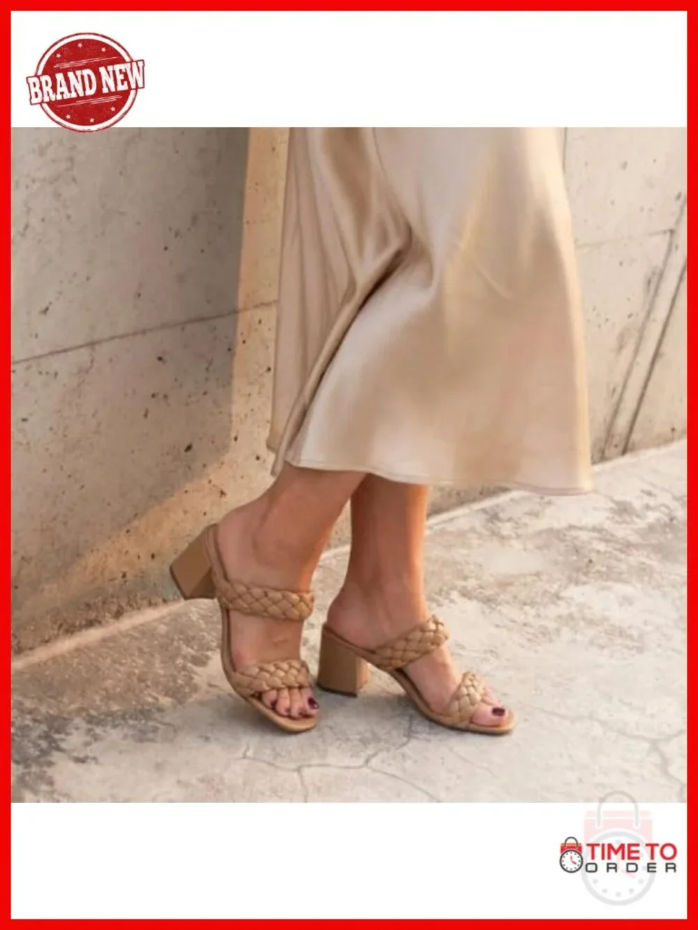 Braided Block Heel Sandals Vegan Leather Memory Foam Slip On Heels